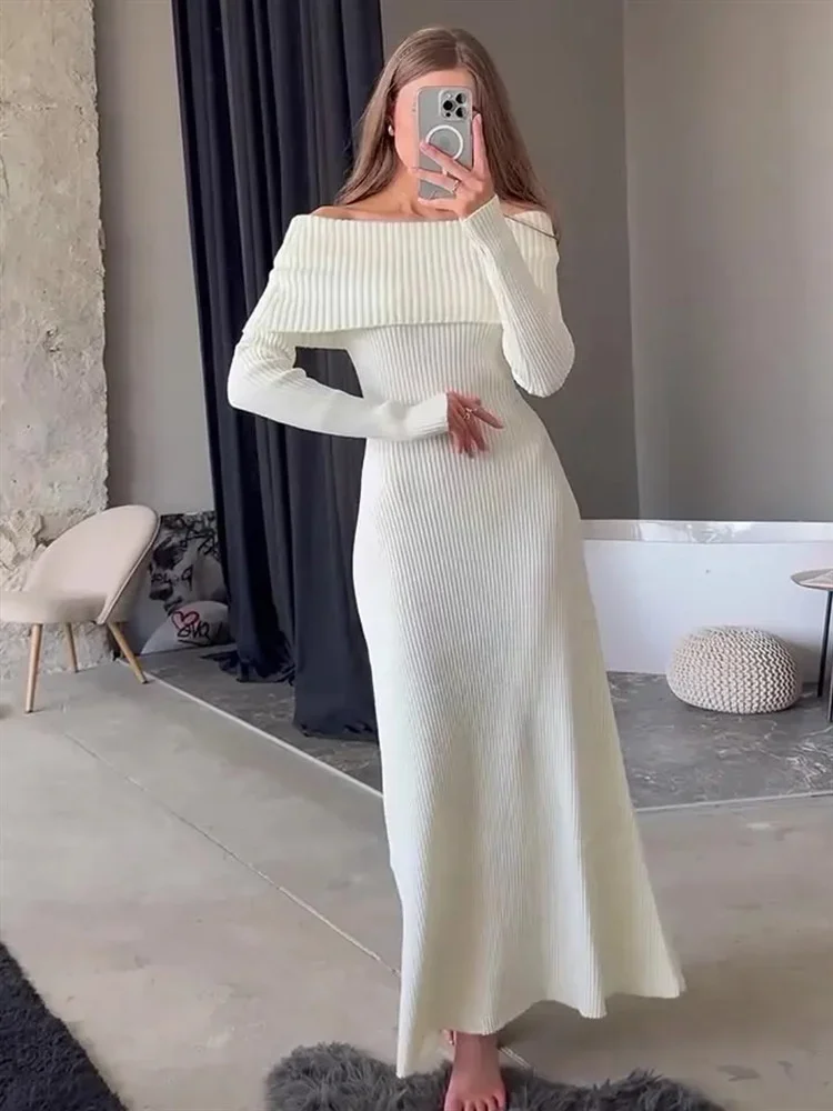 TARUXY Fashion Knit Long Dress Off-Shoulder Female Ribbed Loose High Waist Elegant Autumn Party Dress Ladies Knitwear Maxi Dress