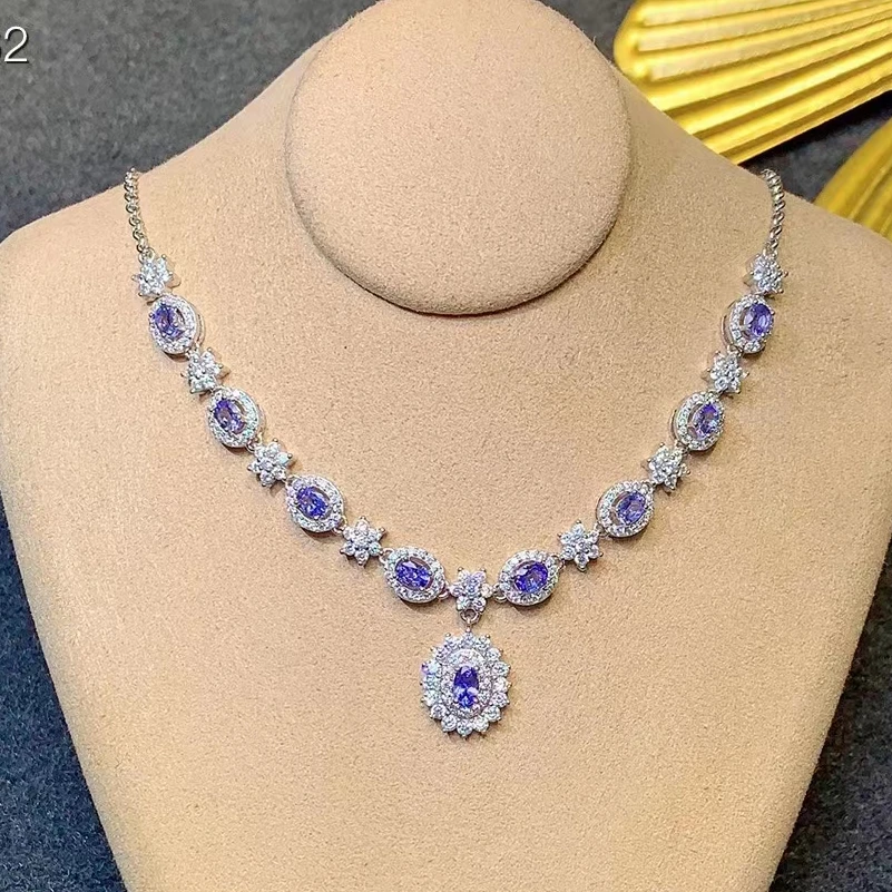 Total 1.4ct Natural Tanzanite Necklace for Party 3mm*5mm 3mm*4mm Tanznaite 925 Silver Necklace 3 Layers Gold Plating No Fading