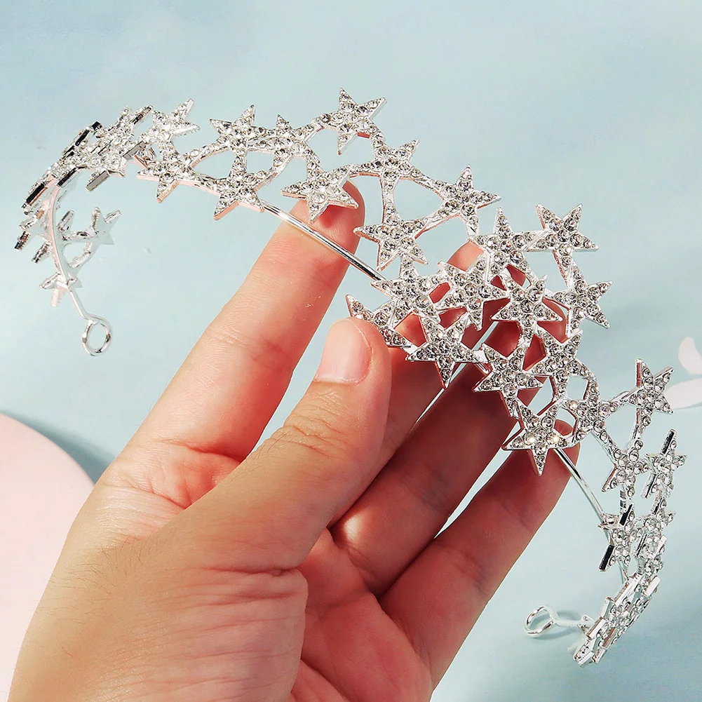 أنيقة سبيكة الكورية على غرار تاج العروس الزفاف نجمة رصع حجر الراين تيارا الشعر مجوهرات عيد ميلاد عقال للفتيات