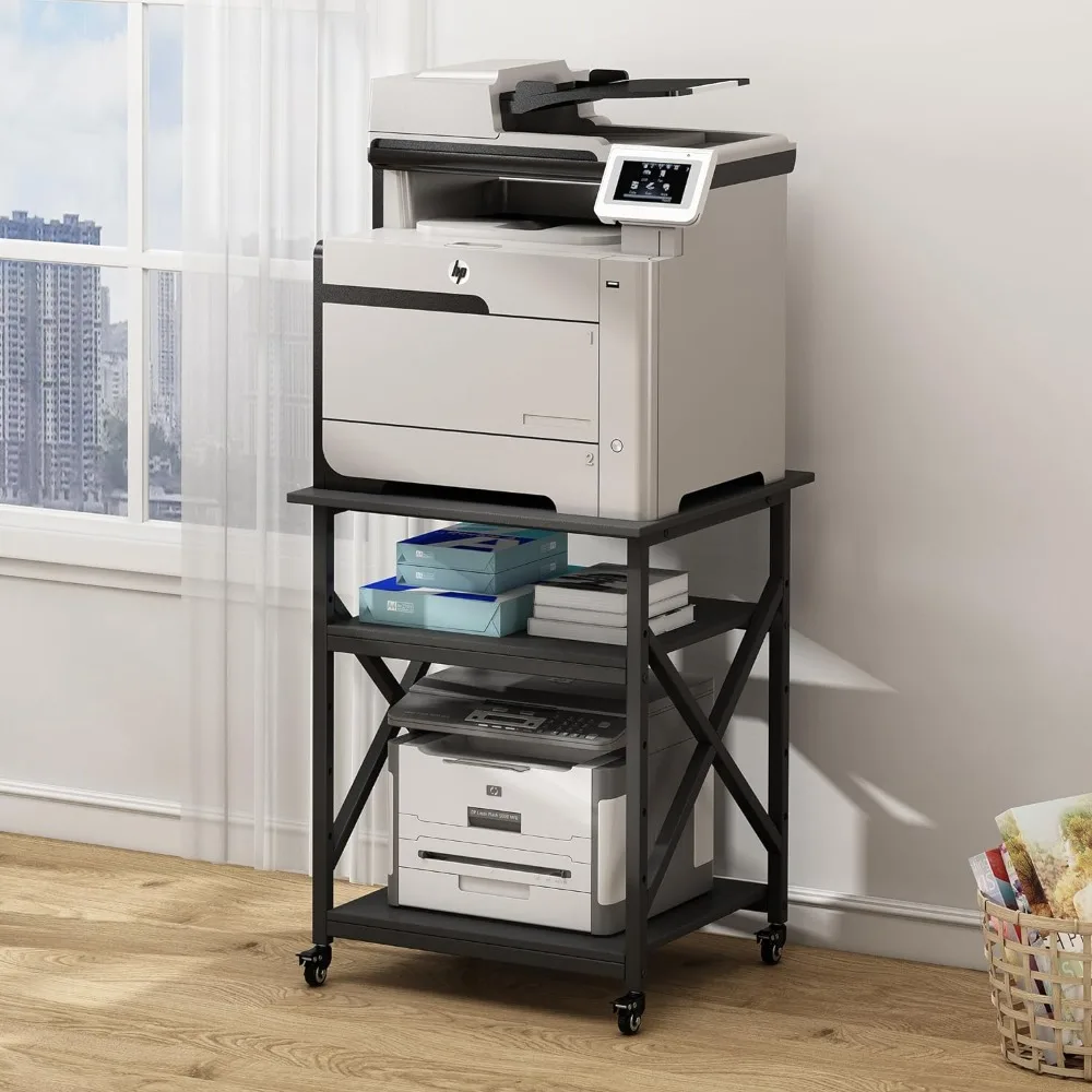 

23.6 x 23.6 x 30.1 Inches Large Square Printer Table with Height Adjustable Storage Shelf, 3 Tier Rolling Printer Cart