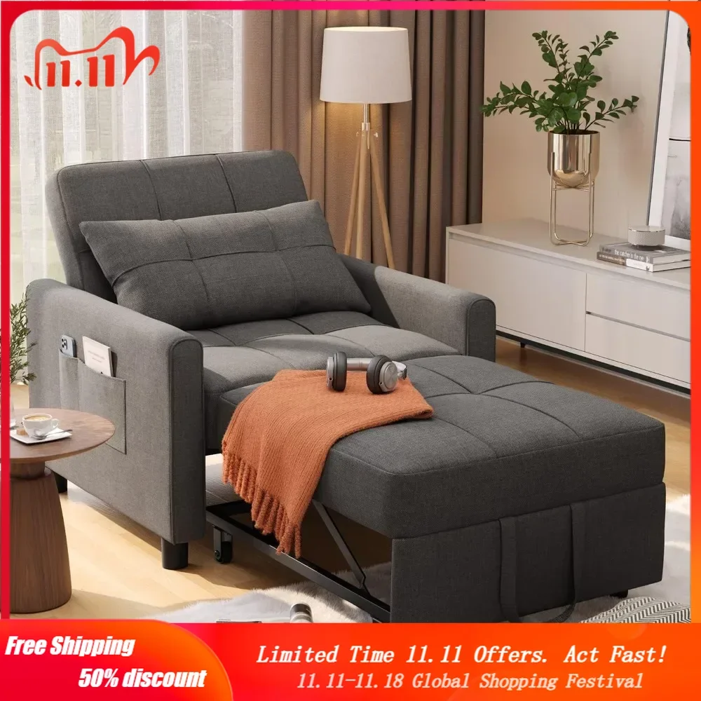 

Convertible Futon Sofa Bed, 3-in-1 Multi-Functional Sleeper Chair Bed, Adjustable Backrest Recliner with Modern Linen Fabric