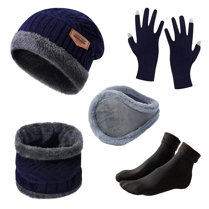 الشتاء قبعة تدفئة مجموعة الرجال و واقيات الأذن مع قبعات محبوكة قفازات الرقبة اغطية المضادة للانزلاق الجوارب خمس قطع مجموعة