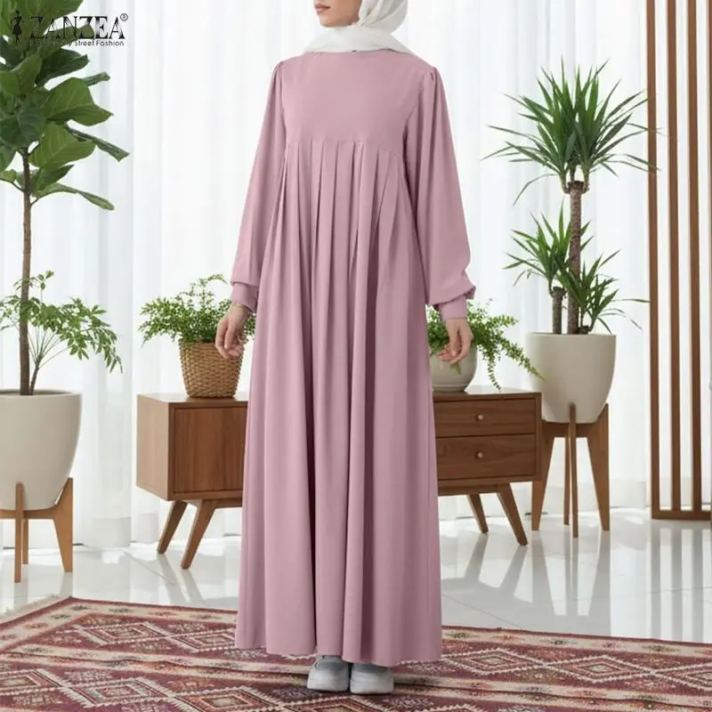 ZANZEA Ramadan Muslim Abaya Dress Women Elegant Pleated Long Dresses Fashion O-Neck Long Sleeve Solid Loose Sundress Robe Femme