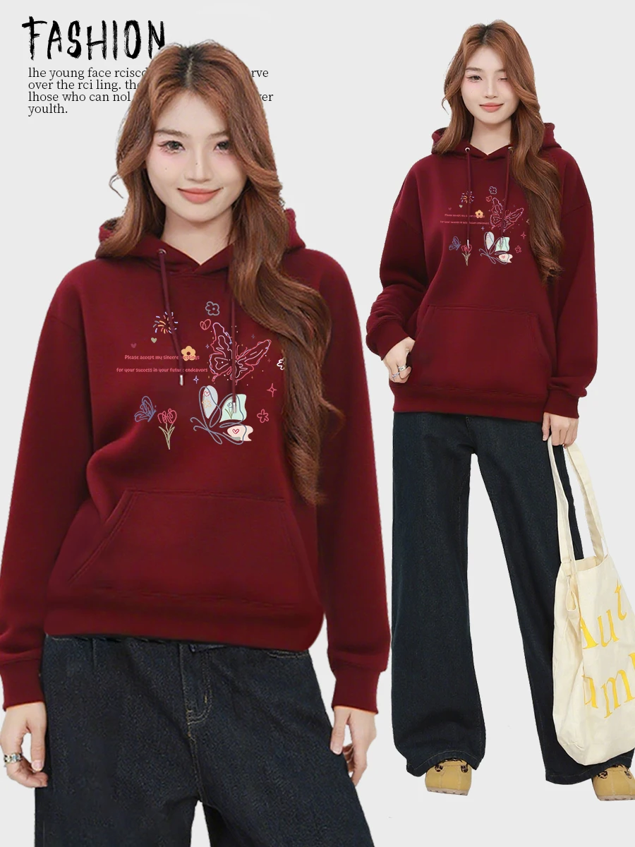 الرجعية الأمريكية النبيذ الأحمر هوديي المرأة طويلة Sve الحلو حار تصميم ربيع الخريف جديد Sle العصرية القطن Fce البلوز