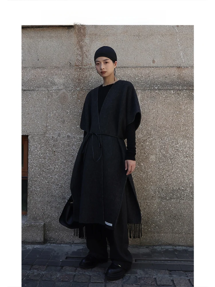 

Ele Шерстяное шило с кисточками и поясом Длинное V-Ne Commute Sle ort Sve Зимняя верхняя одежда для женщин