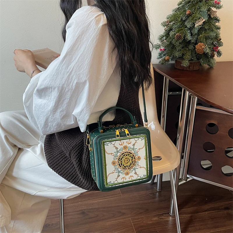 Exquisite bedruckte Umhängetasche, quadratische Damen-Box-Handtasche, Colorblock-Sling-Bag, Messenger-Tasche für den Arbeitsweg und zur Aufbewahrung von Kosmetika – Detail 8
