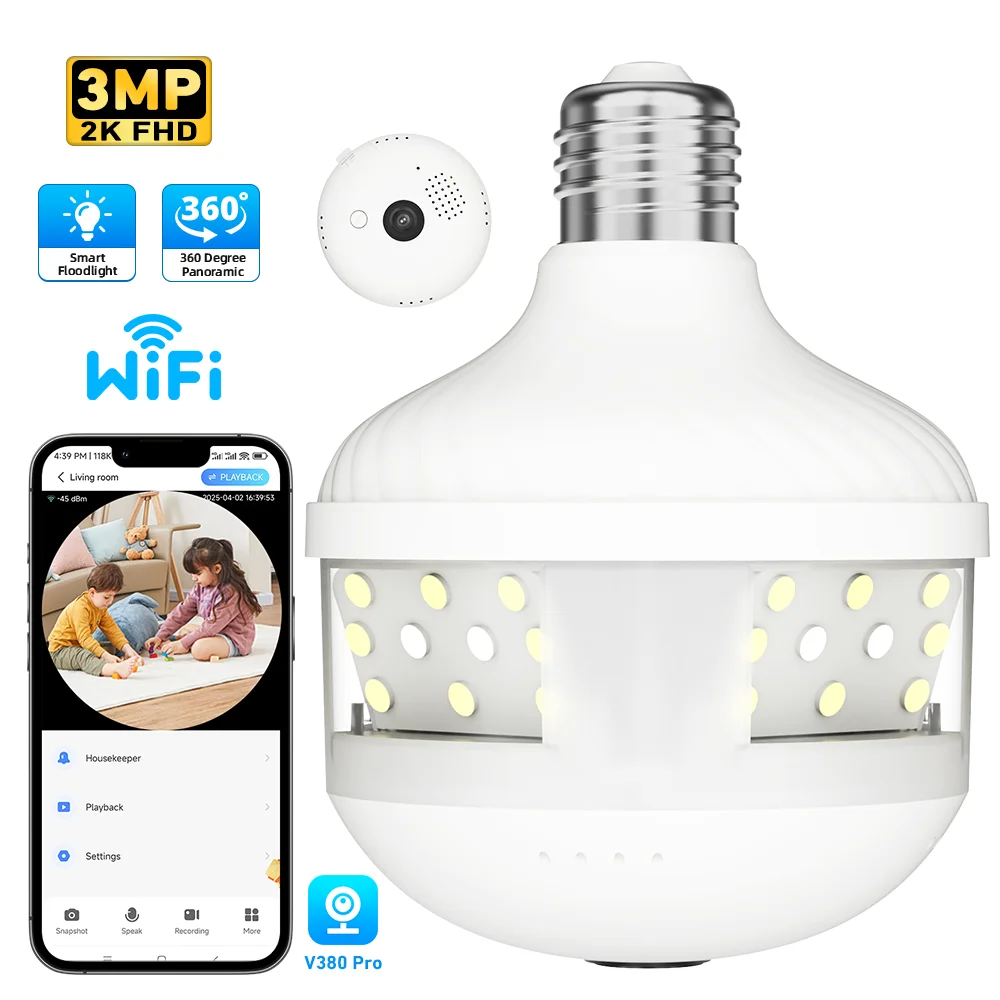 

3MP 2K Indoor Floodlight Wireless E27 Bulb Security IP WiFi CCTV Bulb Camera V380 Pro APP 360° Panoramic Fishsye 2 Way Audio