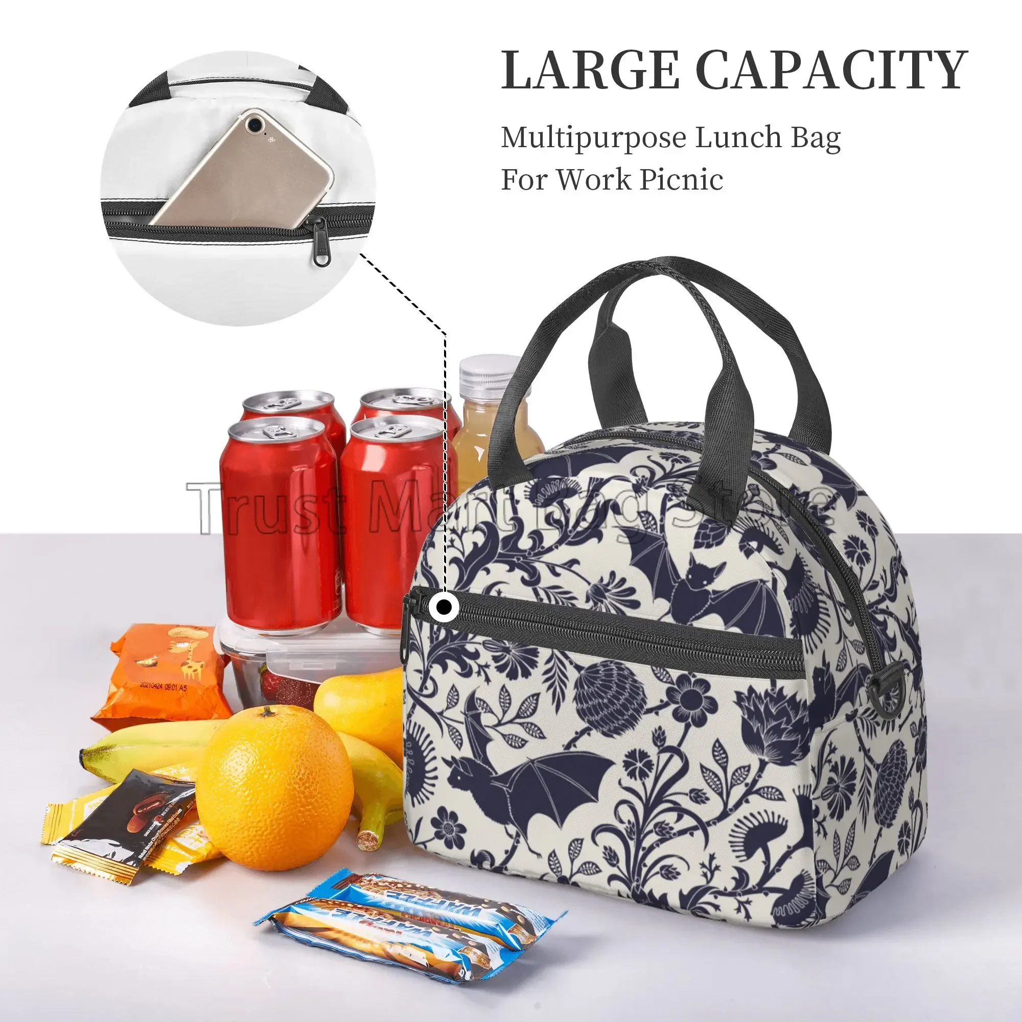 Halloween Bats Insulated Lunch Bag Reusable Thermal Cooler Bento Tote Bags with Adjustable Shoulder Strap for Work Travel Picnic