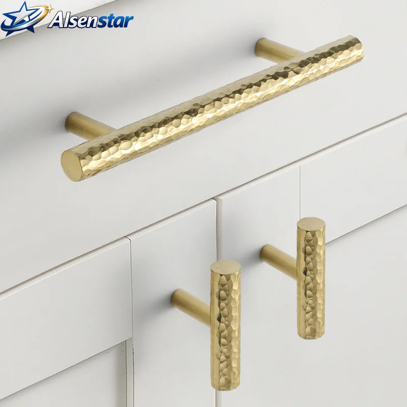 Solid Brass Handmade Hammer Patterned Cabinet Drawer Knobs Matte Gold Antique Bronze Furniture Wardrobe Long Handles