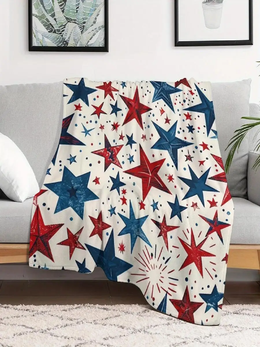 Cozy StarThemed Flannel Throw Blanket Red  Blue Stars on White Perfect for Home Office Camping Travel or Gifting