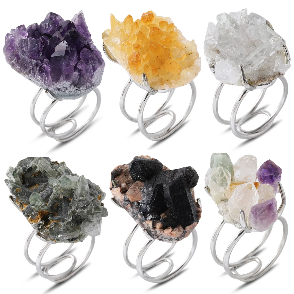 

Raw Stone Ring Irregular Quartz Amethyst Black Tourmaline Gemstone Adjustable Ring Party Wedding Jewelry Gift for Women Men