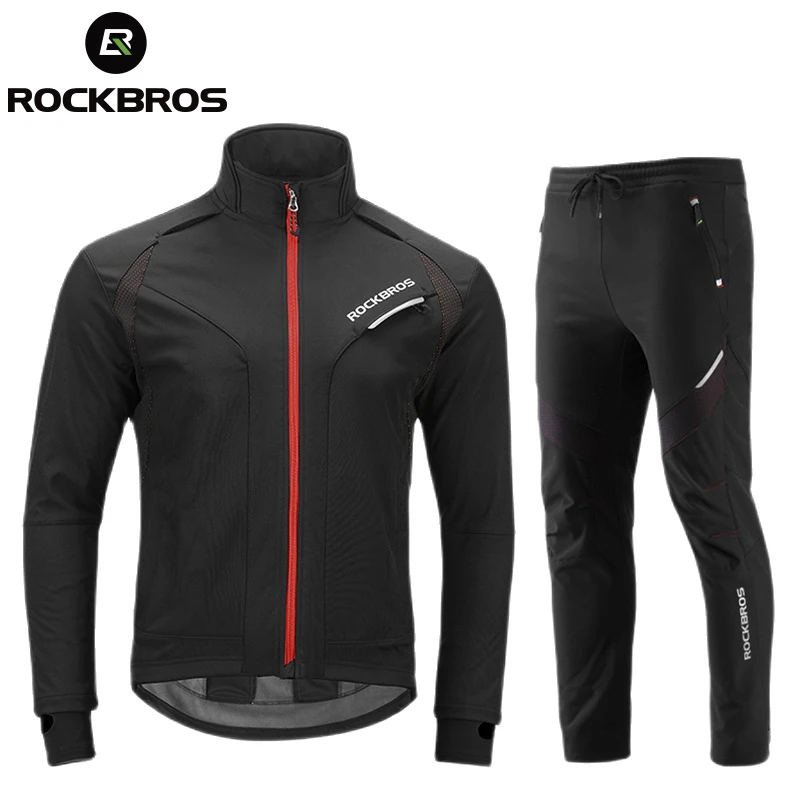 ROCKBROS Cycling Clothing Set Winter Thermal Fleece Pants Rainproof Windproof Reflective Cycling Jersey Set Men Women Sportswear