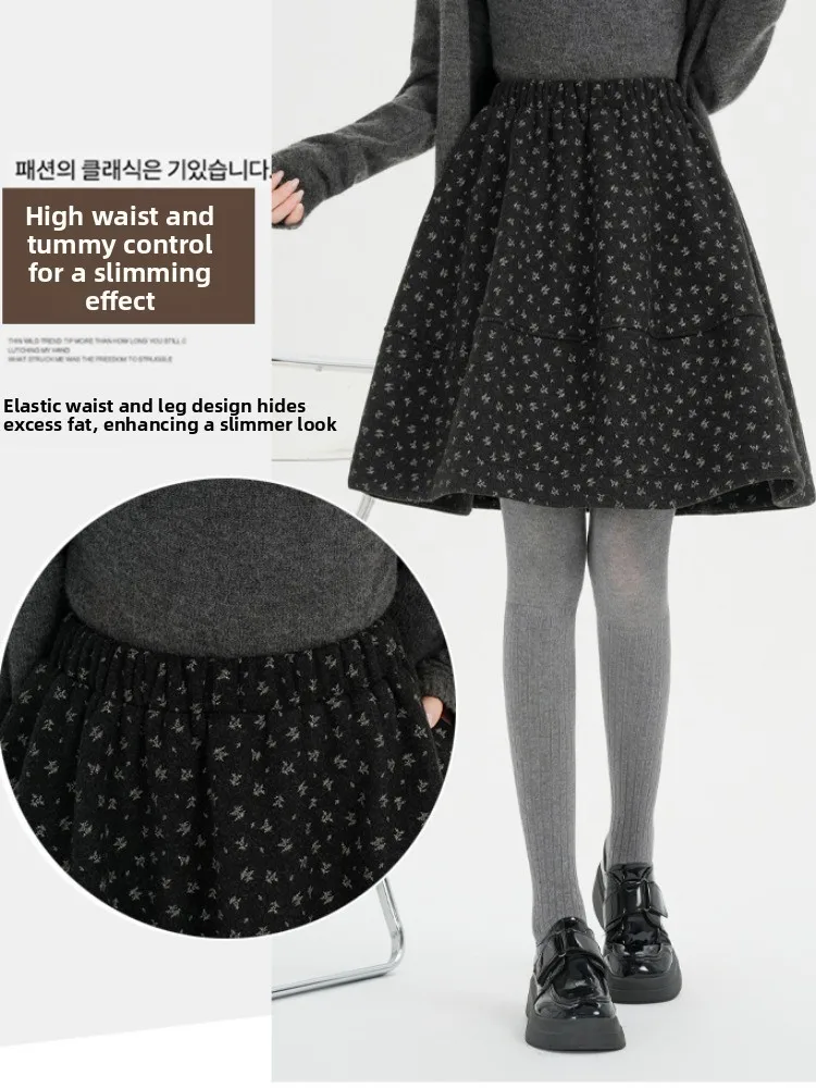 Spódnica damska z wysokim stanem, wełniana, w kwiaty, jesienno-zimowa, elegancka, rozkloszowana, midi, spódnica w kształcie kwiatowego pąka, bufiaste spódnice typu parasol.