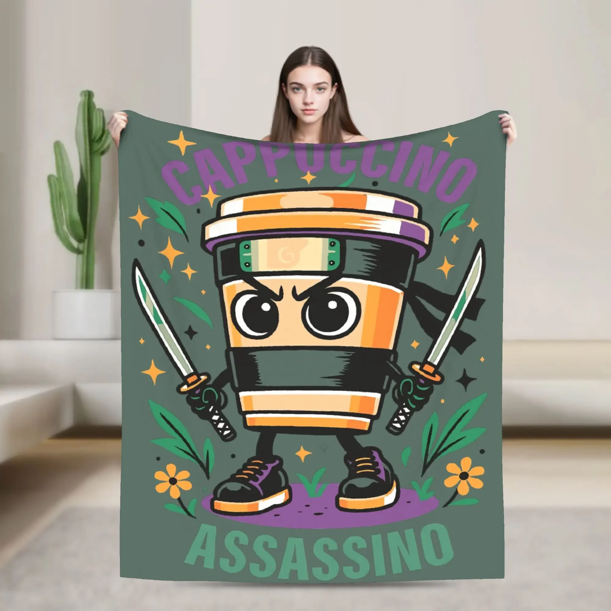 

Super Soft Cappuccino Assassino Italian Memes Throw Blanket for Couch Chair Sofa Bed Travel Flannel Bedding