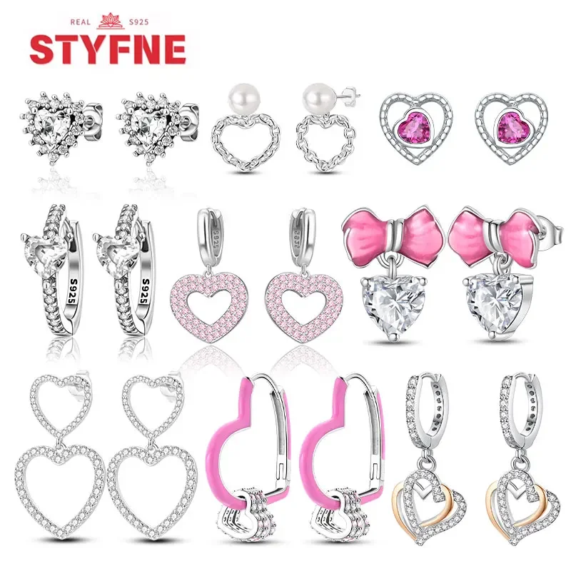 

New 925 Sterling Silver Sparkling Heart Colord Love Hoop Earrings for Women Original Fine Jewelry Stud Earring Gifts