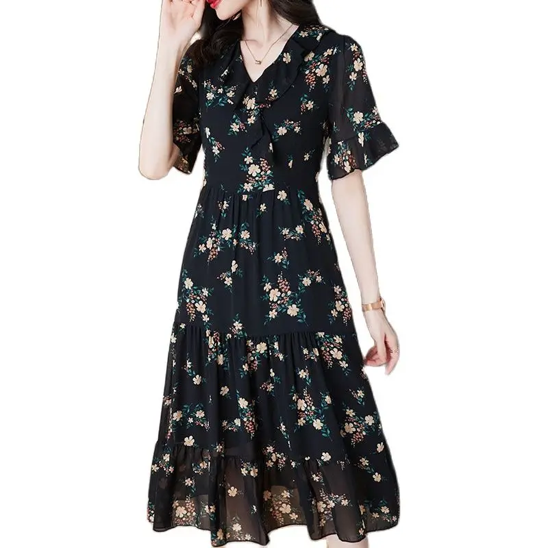 

2024 New,Summer Elegant Boho Beach Floral Dress,For Women's Clothes,Summer Dresses,Short Sleeved V-neck Floral Chiffon Dress