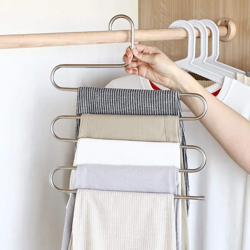 2PCS  S-shaped Pants Hangers Multi-layer Stainless Steel Clothes Hanger Non-slip Jeans Storage Rack Space-Saving Cloth Organizer