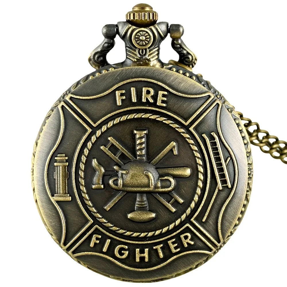 1pc Retro Quartz Pocket Watch With Letter Fire Fighter Fashionable For Men, Ideal choice for Gifts