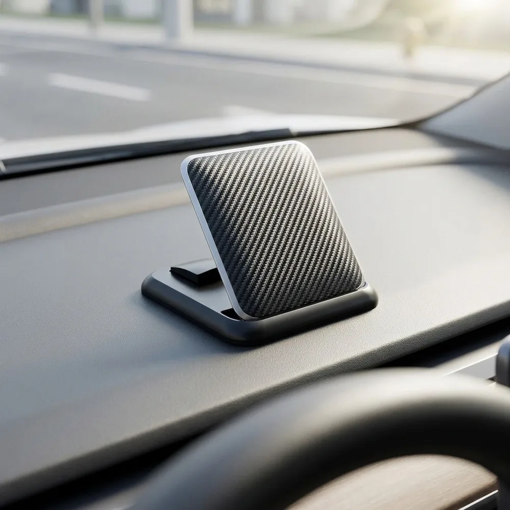 Dashboard Phone Holder with Carbon Fiber Aesthetic and Silicone Construction Designed for Wide Range of Phones