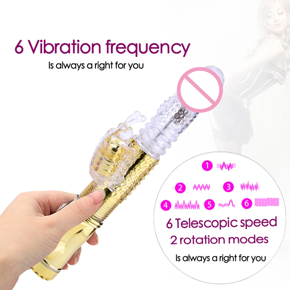 Silicone G spot Dildo Vibrators 2-mode Rotation + 6 Telescopic Speed Vibration Dual Clitoris Stimulator Adult Sex Toys for Woman