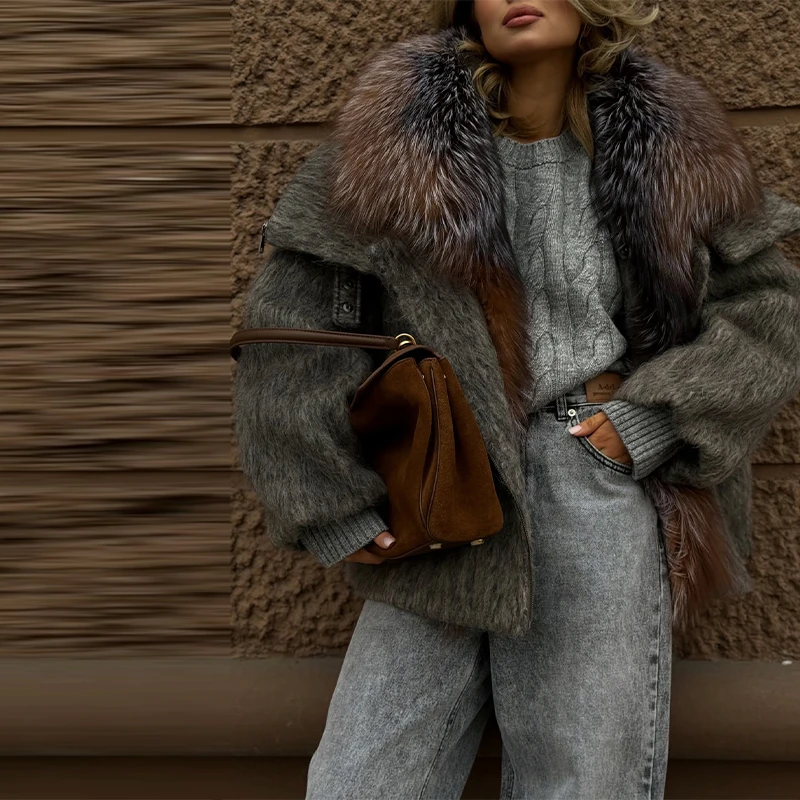 معطف نسائي بياقة من الفرو الصناعي جاكيت شتوي كبير الحجم بقلنسوة فضفاض بصدر واحد ملابس خارجية 2025 معاطف نسائية عصرية جديدة #2