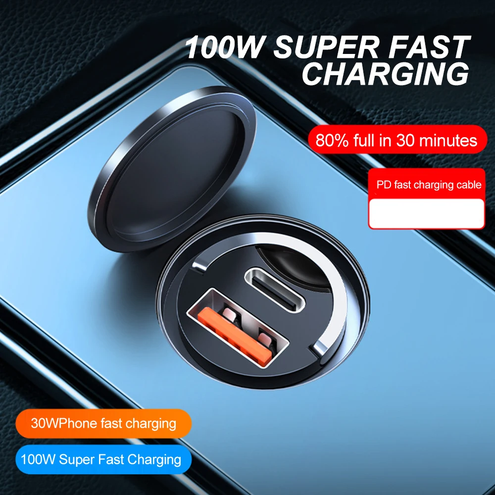 Mini Car Charger USB Type C Metal 100w/200w Quick Charge 3.0 PD Port Fast Charging Phone Charger For Xiaomi iPhone 12 13 14