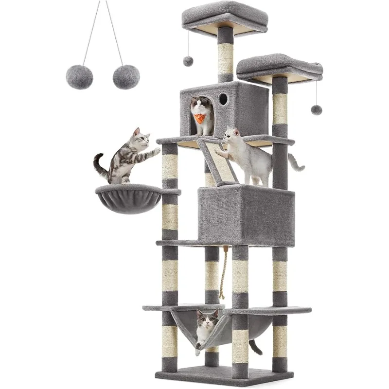 

Feandrea Cat Tree, 81.1-Inch Large Cat Tower with 13 Scratching Posts, 2 Perches, 2 Caves, Basket, Hammock, Pompoms, Multi-Level