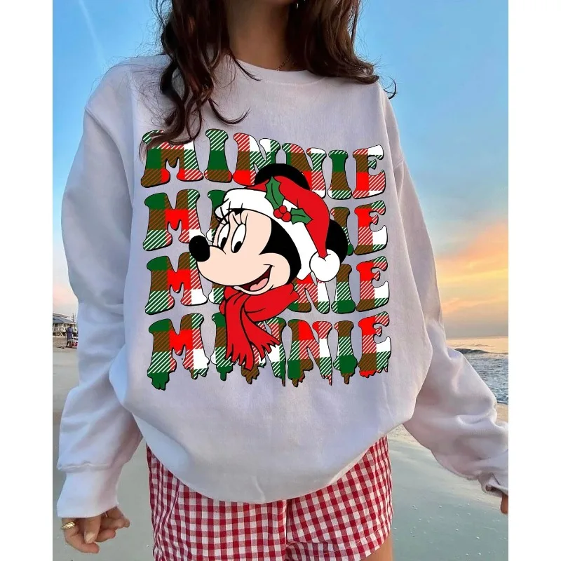

Disney Christmas Minnie Mouse Plaid Print Sweatshirt Women's Autumn Winter Long Sleeve Round Neck Top Harajuku Y2k Clothing