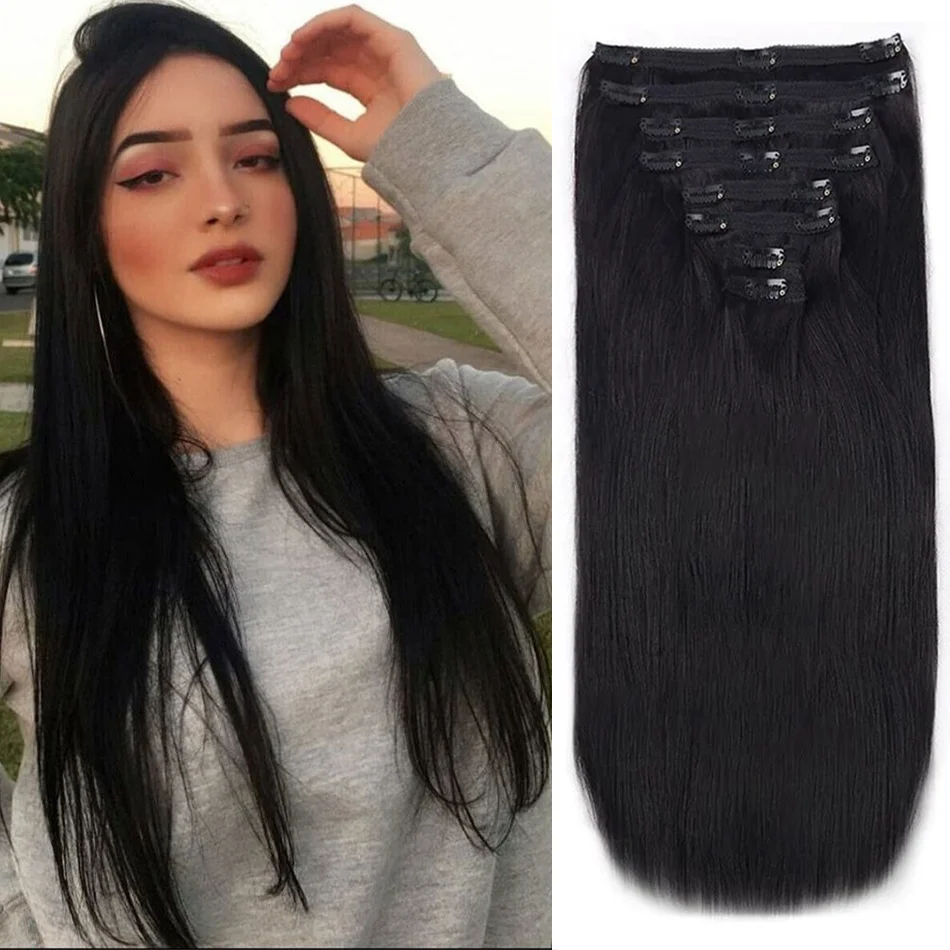 Extensions de cheveux brésiliens naturels à clipser pour femmes, 100% cheveux humains, tête complète, extension à clipser, 120 g/ensemble