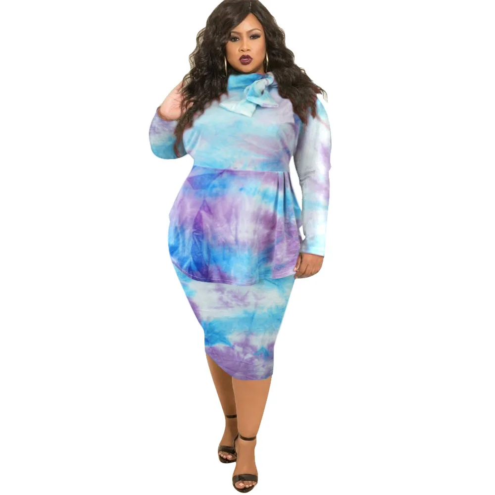 Haoohu vestidos de roupas femininas plus size senhoras vestido de escritório elegante manga comprida colarinho laço corante impressão outono urbano