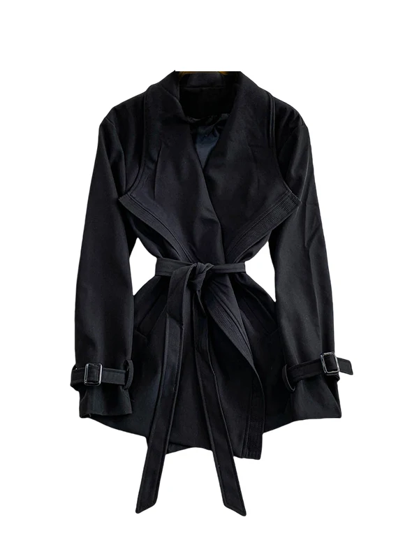 Ele Briti Sle Gürtelmantel für Damen, lockere Passform, schlankmachend, mittellang, Windjacke, Jaet Long Sve, reine Farbe, Alltagskleidung