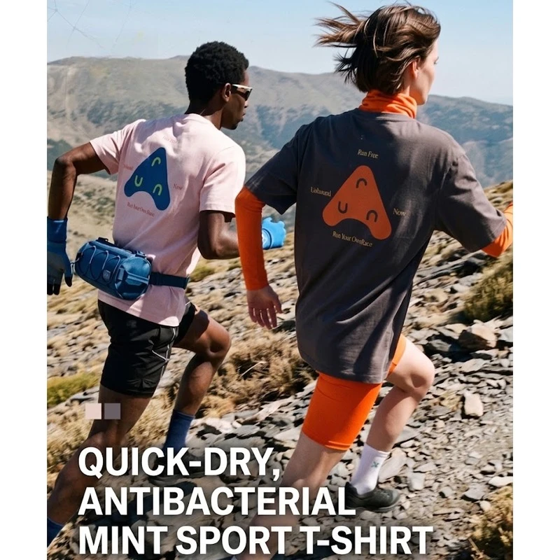 Unisex Quick-Dry Mint Antibacterial Running T-Shirt – Creative Graphic Print Crew Neck Outdoor Sports Top