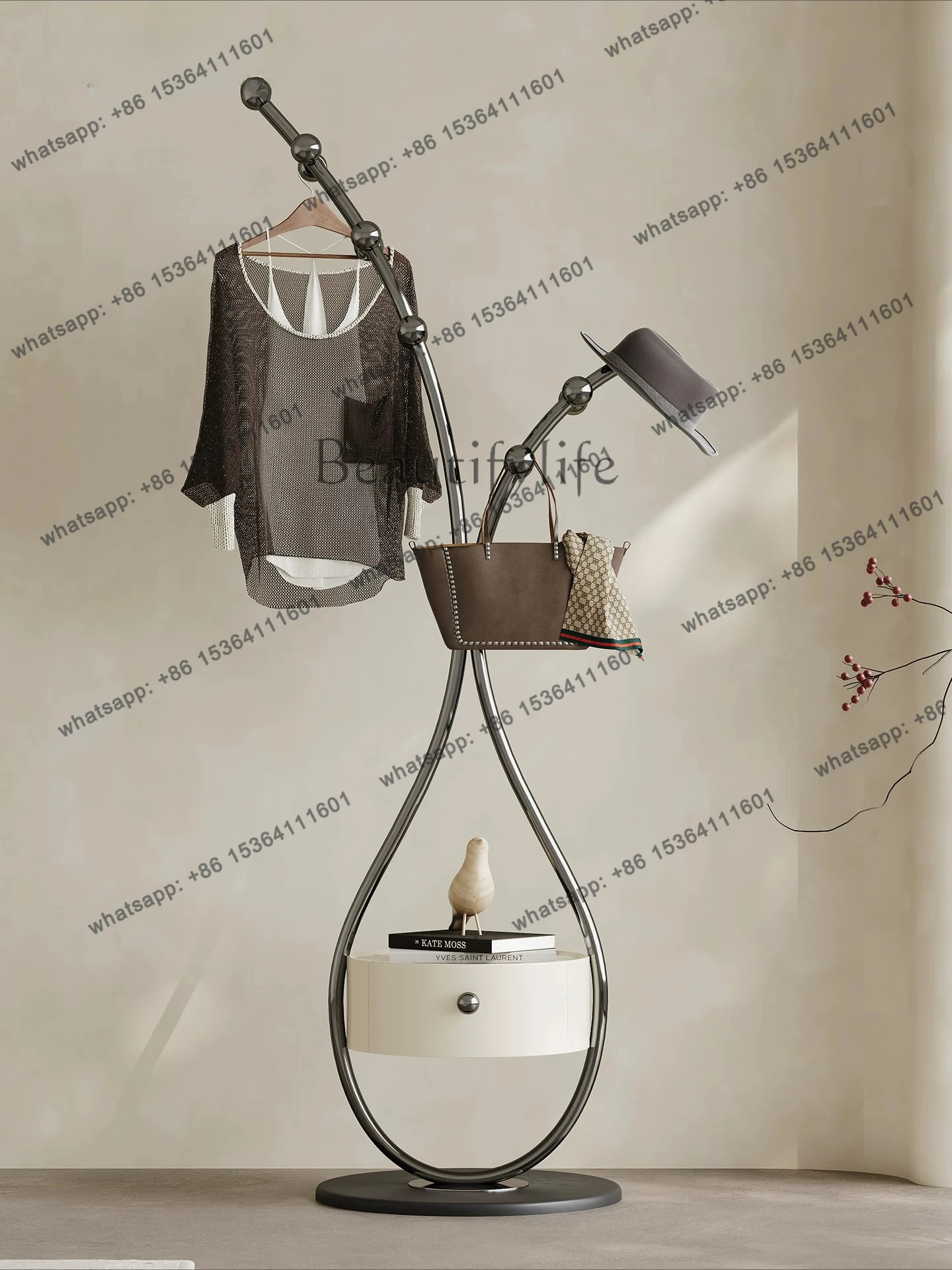 

High-end designer coat rack Pipa creative stainless steel storage bedside table bedroom floor-to-ceiling storage hanger