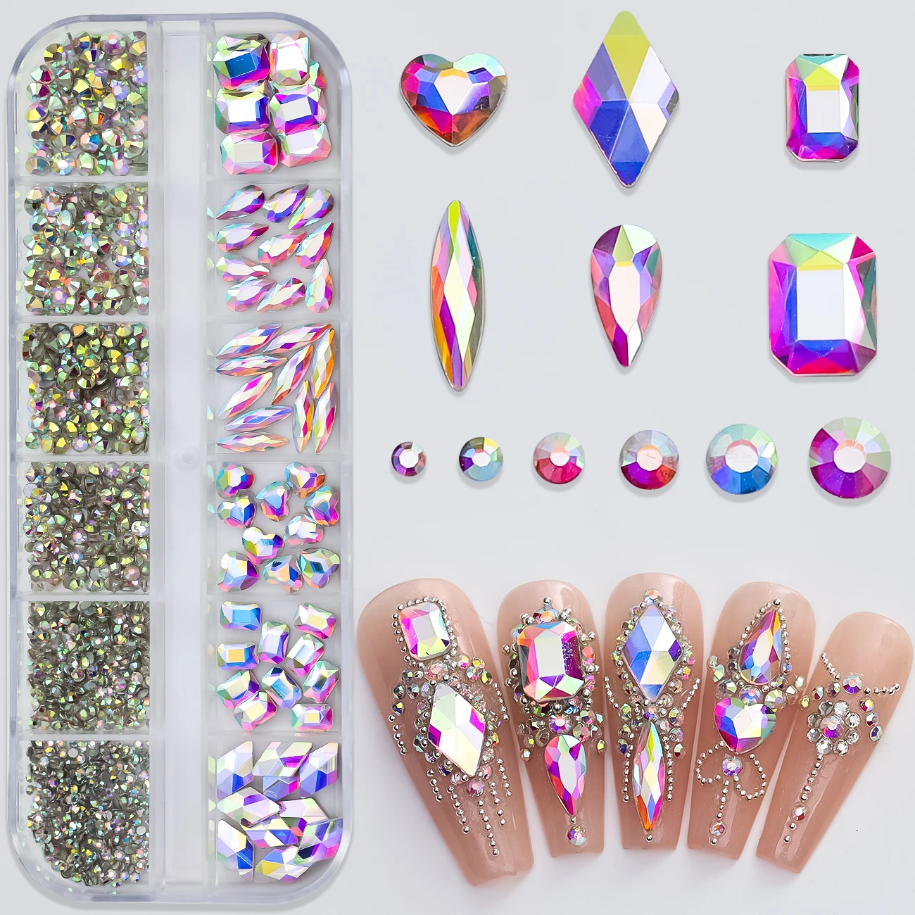Strass de luxe en cristal clair AB, 12 grilles, dos plat, perles rondes en diamant sans correcteurs, pierres précieuses en verre, décoration pour Nail Art à faire soi-même