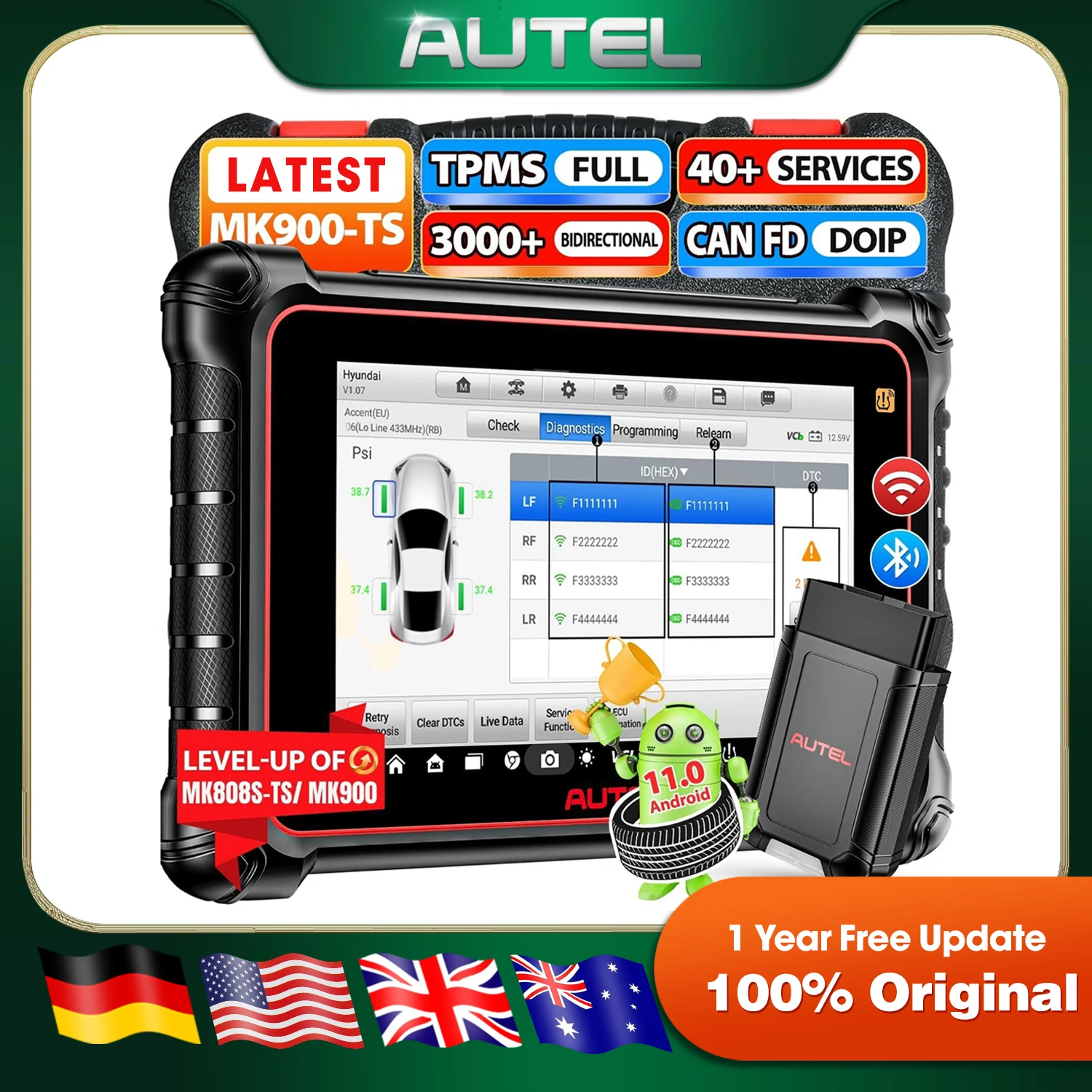 

Новейший диагностический сканер Autel MaxiCOM MK900-TS на Android 11 с полным функционалом TPMS, 3000+ двунаправленных функций сканирования, активные тесты, 40+ функций сброса, CAN FD/DOIP