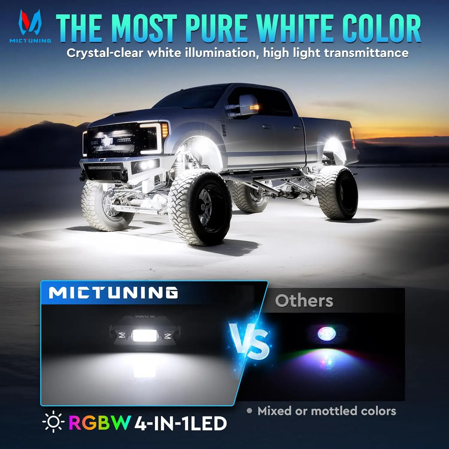 MICTUNING C1 8 Pods RGBW LED Rock Lights Remote Multicolor Underglow Neon Light Kit Wireless App Controller Music Mode