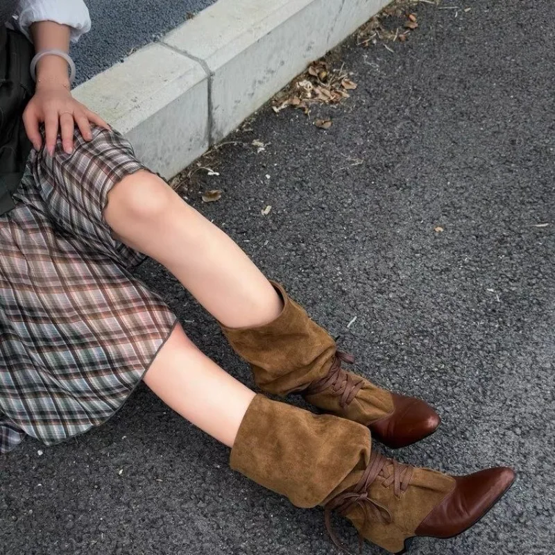 Retro Relaxed Pointed-toe Western Denim Block Heel Shoes 2026 Spring and Summer New Versatile Block Heel Stacking Boots