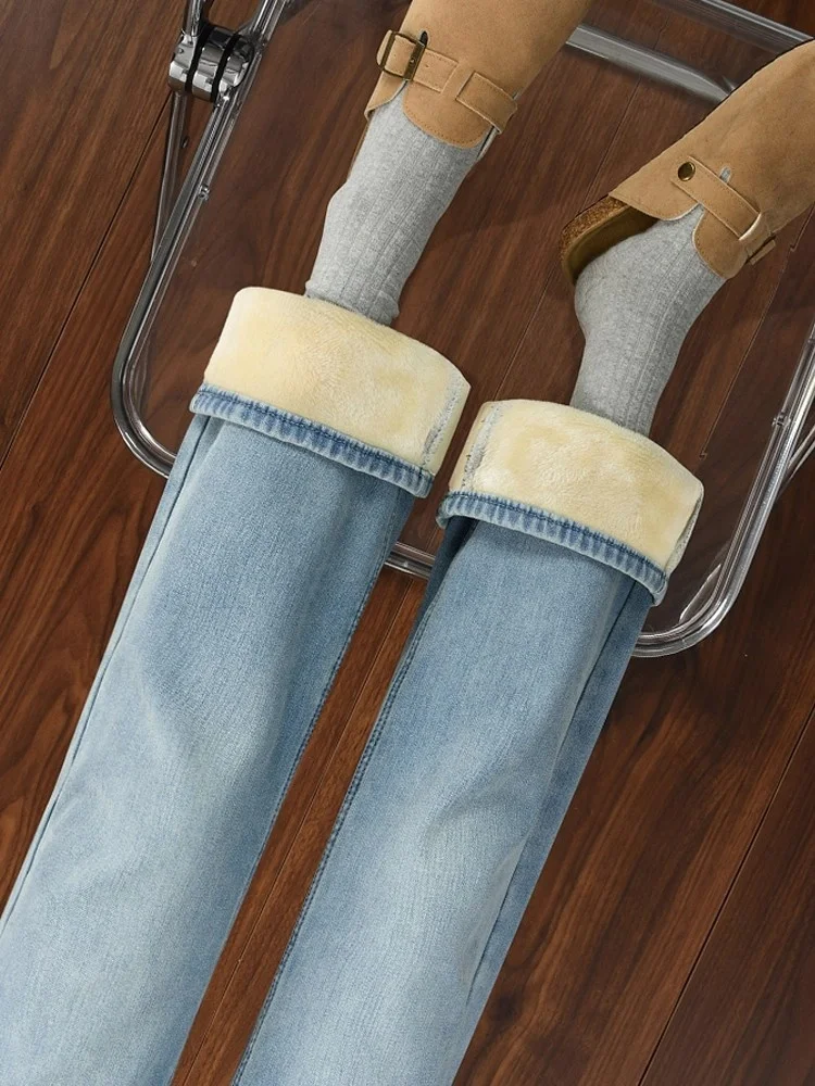 

Большие размеры, джинсовые брюки Thi на подкладке, женские зимние грушевидные свободные брюки с высокой талией, узкие прямые широкие брюки