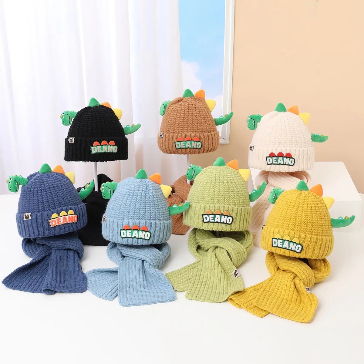 New Winter Cute Kids Fur Ball Knitted Beanies And Scarf 2pcs Set Baby Boy Girls Cartoon 3D Dinosaur Warm Hats Accessories