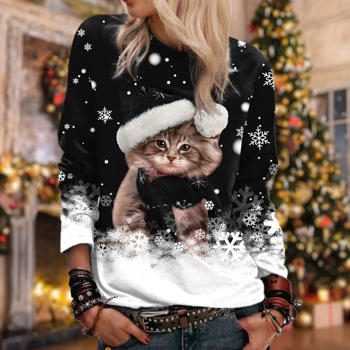 Christmas Women\'s Sweatshirt Cat Sportswear Holiday Print Christmas Casual Round Neck Long Sleeve Top Micro Stretch S-3XL