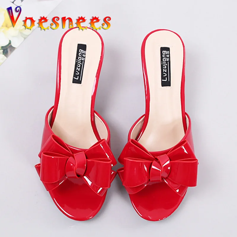 Slippers Female Summer 2022 New Outside Wear Korean version of high heel Medium Heel Thin Heel Bow Fishmouth one word sandals