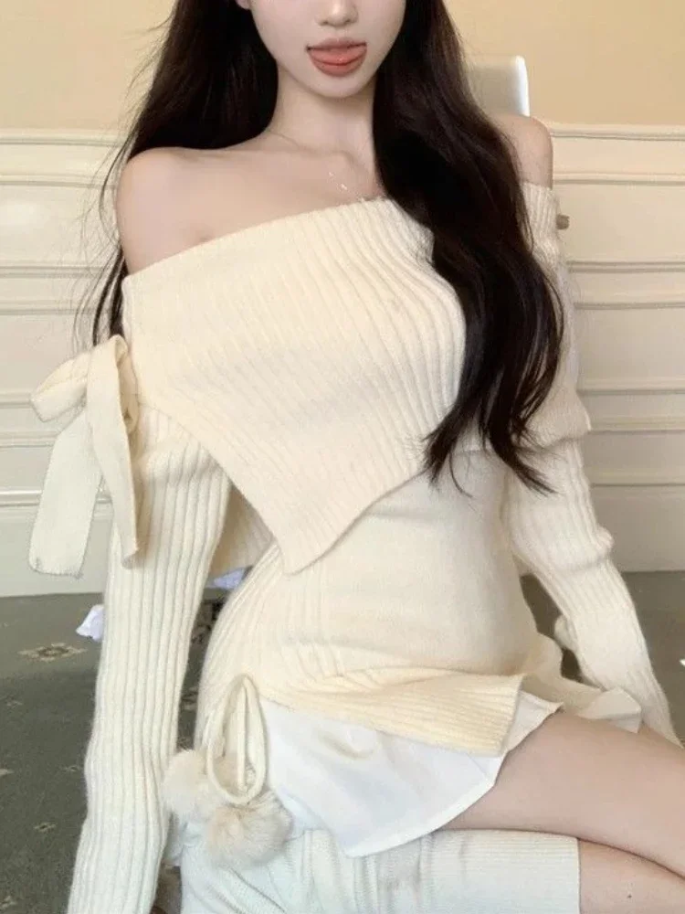 Off Shoulder Solid Sweet Bow Sweater Women Slash Neck Y2k Knitted Slim Elegant Tops Female Korean Fashion Casual Pullovers 2024