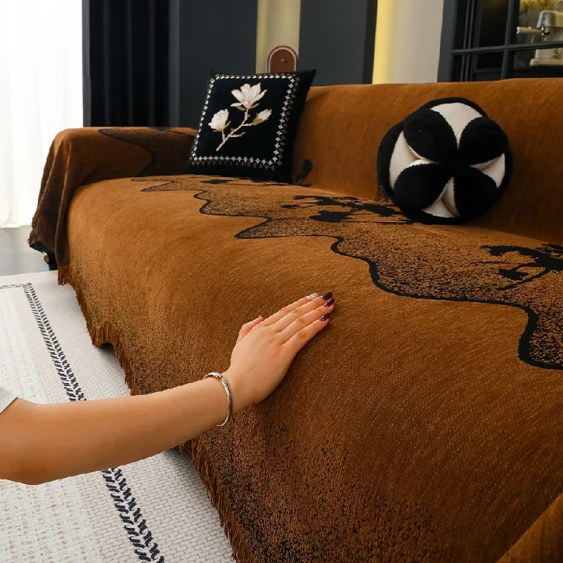 Retro style black floral fringe sofa cover sofa towel machine washable pet friendly one blanket multi-purpose