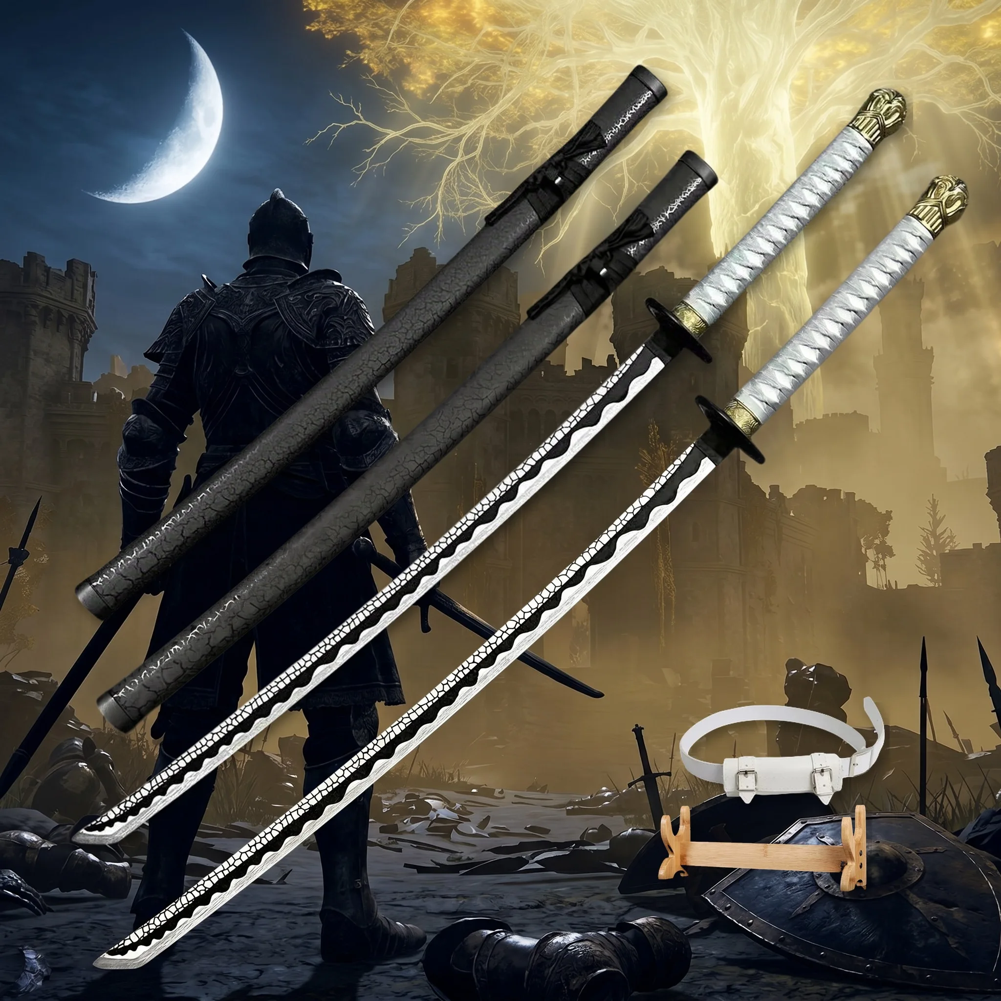 Espada Katana de 40 Pulgadas de Elden Ring, Set de Espada y Cuchillo Ninja con Soporte y Cinturón, Espada de Plástico No Afilada para Cosplay, Exhibición y Atrezzo Fotográfico