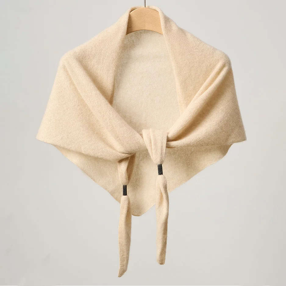 Cashmere Triangle Scarf Shawl, Soft Knit Shoulder Wrap with Beads, Lightweight Cozy Winter Pashmina