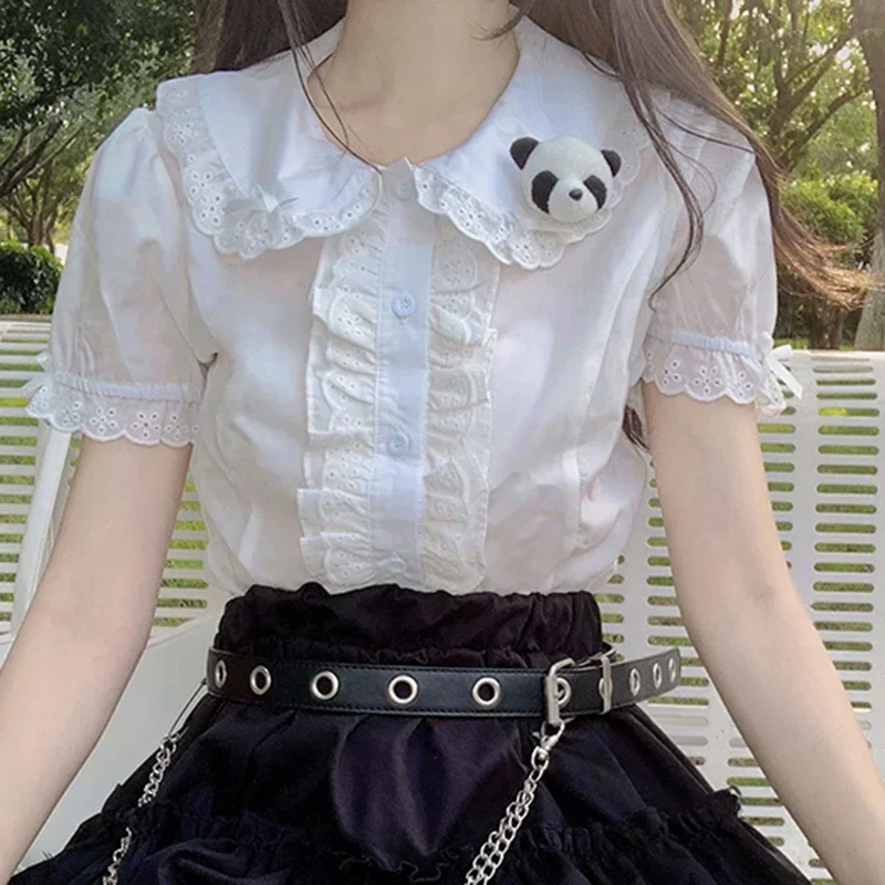 Y2K Women White Shirt Kawaii Bow Lace Up Patchwork Ruffles Female Short Blouse Korean New Peter Pan Collar Button Ladies Top