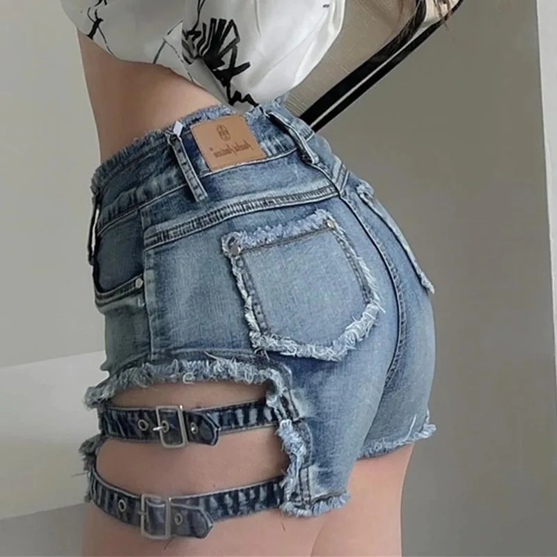 Celana Pendek Bar Berlubang Pinggang Tinggi Berongga Seksi Baru Celana Pendek Denim Jeans Kasual Fashion Ukuran Besar Elastis Tinggi Musim Panas Wanita