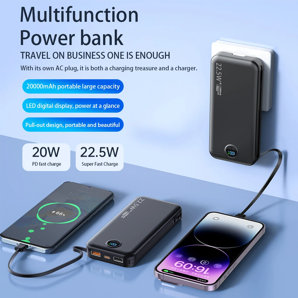 Power bank with AC Plug, Fast Charging, Self-contained line charger, three-in-one charging treasure, 20000mAh large capacity