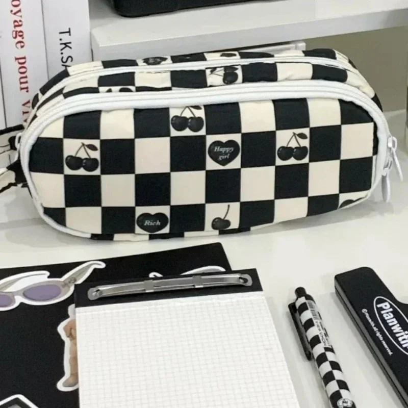 1 Pc Fashion Pencil Case Black Beige Color Checkboard Pencil Pouch Cute Cherrt Fruit Large Capacity Stationery Organizer Bag