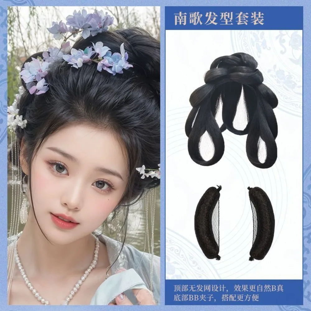 청나라 게게 헤어피스 - 장식용 빵과 끈이 있는 중국 전통 만주 한푸 가발(올인원 클립)